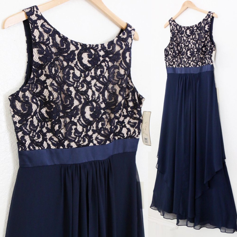 NEW Eliza J. Navy Blue Lace and Chiffon Gown Modest Prom Maxi Dress Size 14 $219 - Picture 6 of 16